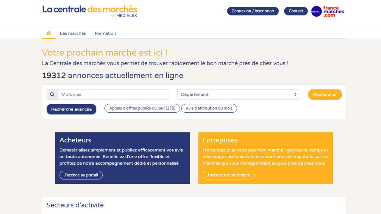 Capture d'écran du site La centrale des marchés dédié à la veille des marchés publics et privés.