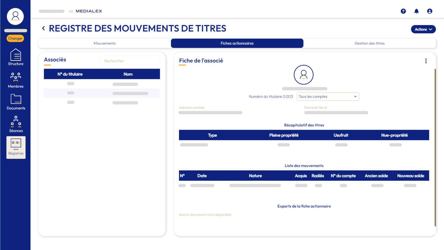 Capture d'écran de l'application MEDIALEX dédiée au registre des mouvements de titres.