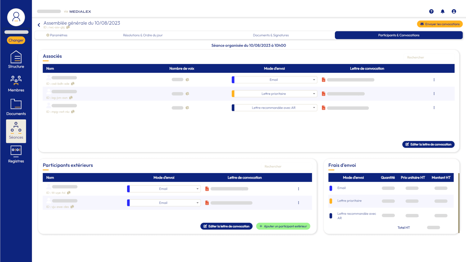 Capture d'écran de la plateforme MEDIALEX pour la gestion des assemblées générales en ligne.