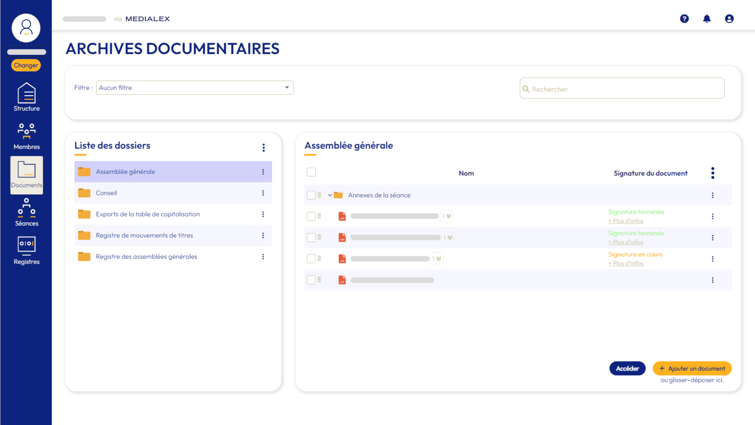 Capture d'écran de la plateforme MEDIALEX dédiée à la gestion documentaire et la signature électronique.