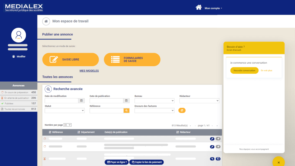 Capture d'écran du tableau de bord de la plateforme annonces légales MEDIALEX, illustrant la facilité d'utilisation et les fonctionnalités innovantes.