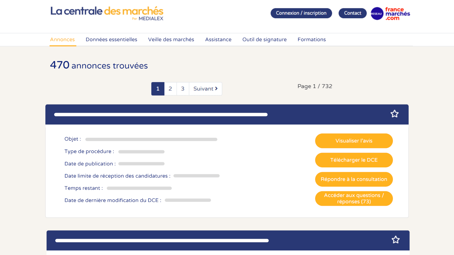 Capture d'écran de l’espace de dématérialisation des appels d’offres permettant aux fournisseurs de consulter le DCE et de répondre au marché.